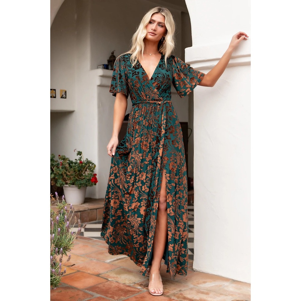 Baltic Born Uma Velvet Maxi Dress XXL Bronze Jade Floral Burnout Boho Whimsical